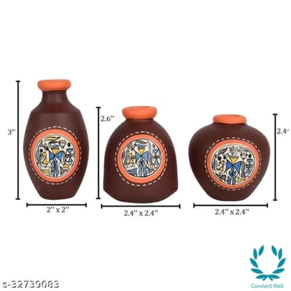 Vase Earthen Miniatures Brown Warli (So3) 2.6/3/2.4 Material: Handicraft Pack: Pack of 3